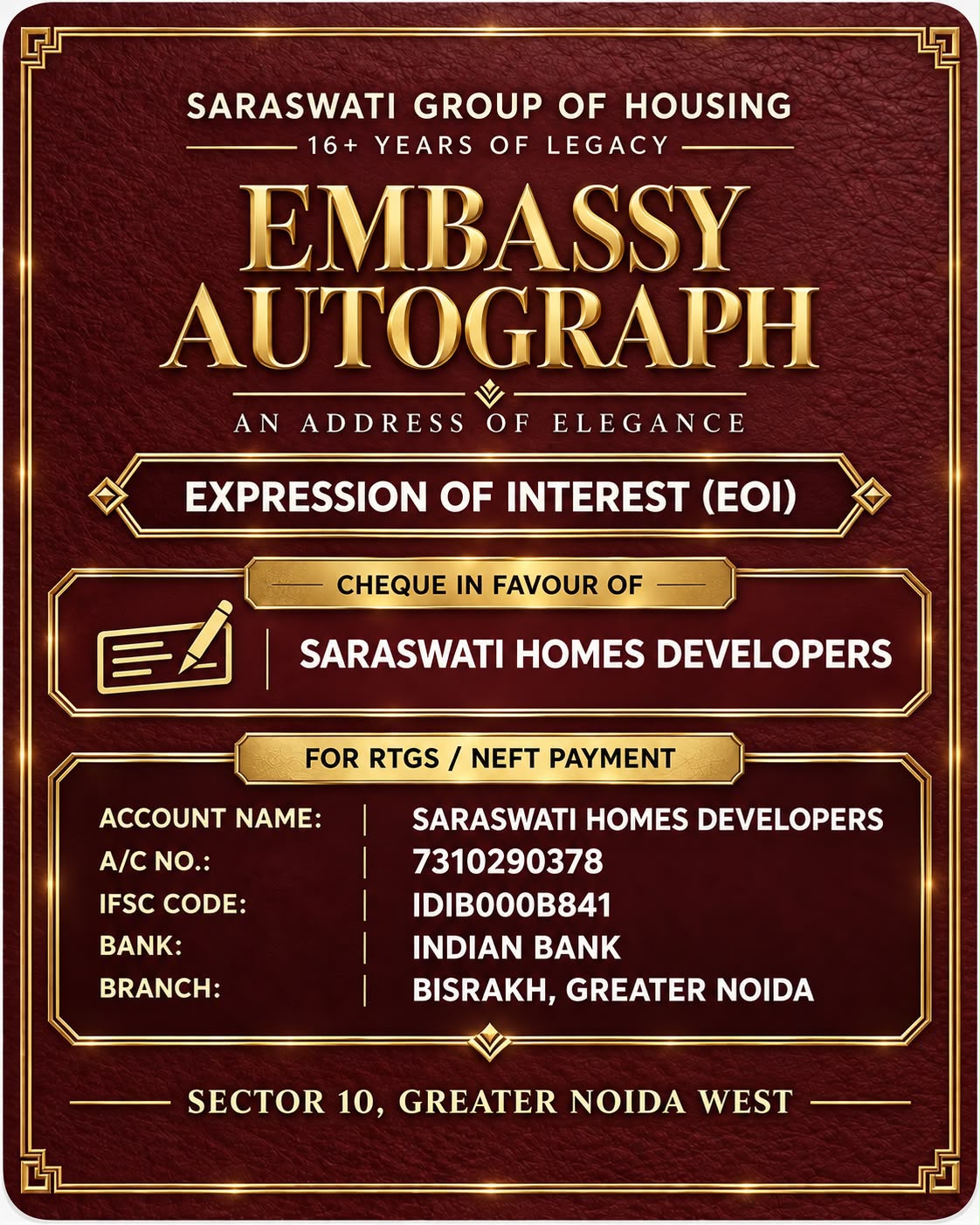 Embassy Autograph promotional creative — premium low-AQI apartments in Sector 10, Greater Noida West by Saraswati Group of Housing