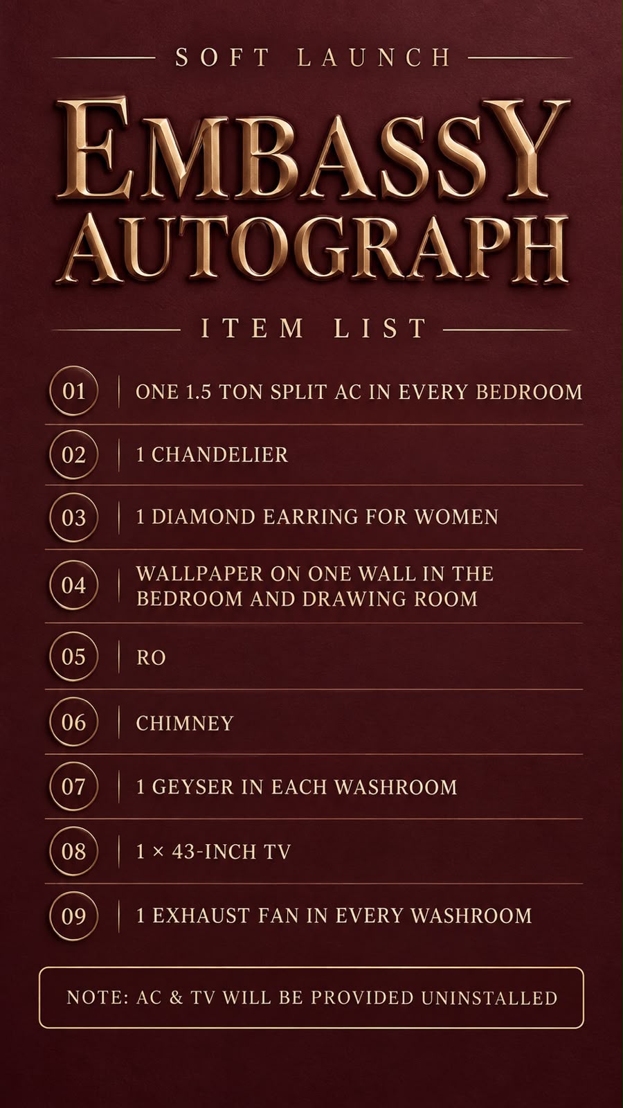Embassy Autograph soft launch item list creative — inclusions numbered 01 to 09