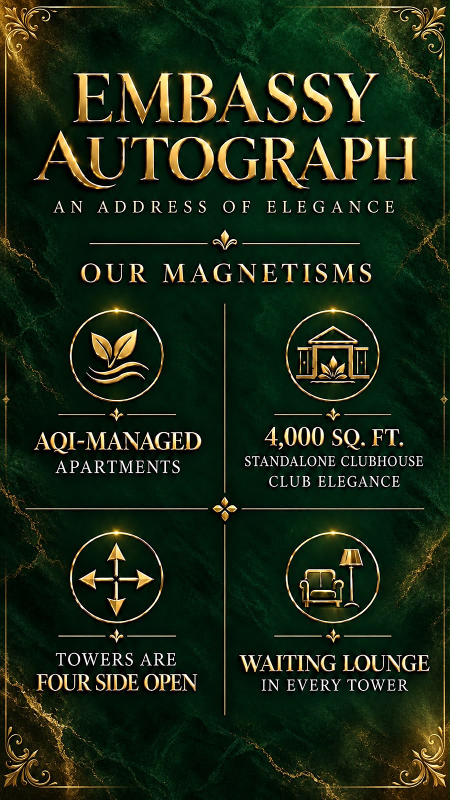 Embassy Autograph 'Our Magnetisms' creative — AQI-managed apartments, four-side open towers, Club Elegance clubhouse and waiting lounge in every tower